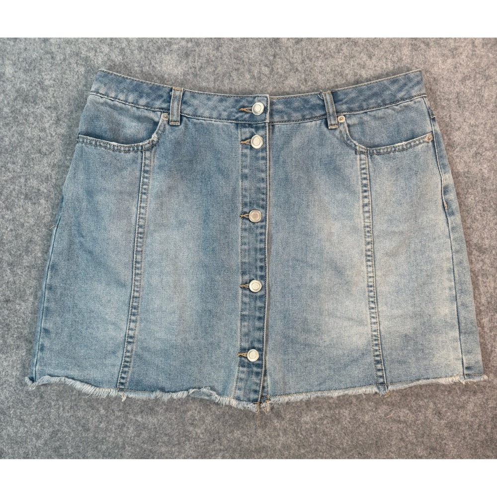 Gianni Bini Womens Light Wash Button‎ Front Denim Mini Skirt Raw Hem Size L